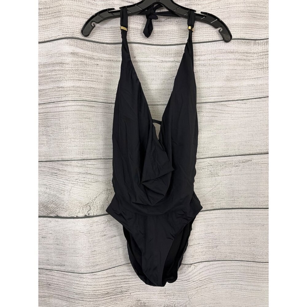Bar III Solid Cowlneck/Draped-Front Halter One-Piece Swimsuit Size L